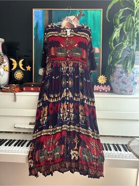 Vintage Jasmine by KVM Elephant Boho Rayon Maxi Dress XL Button Front